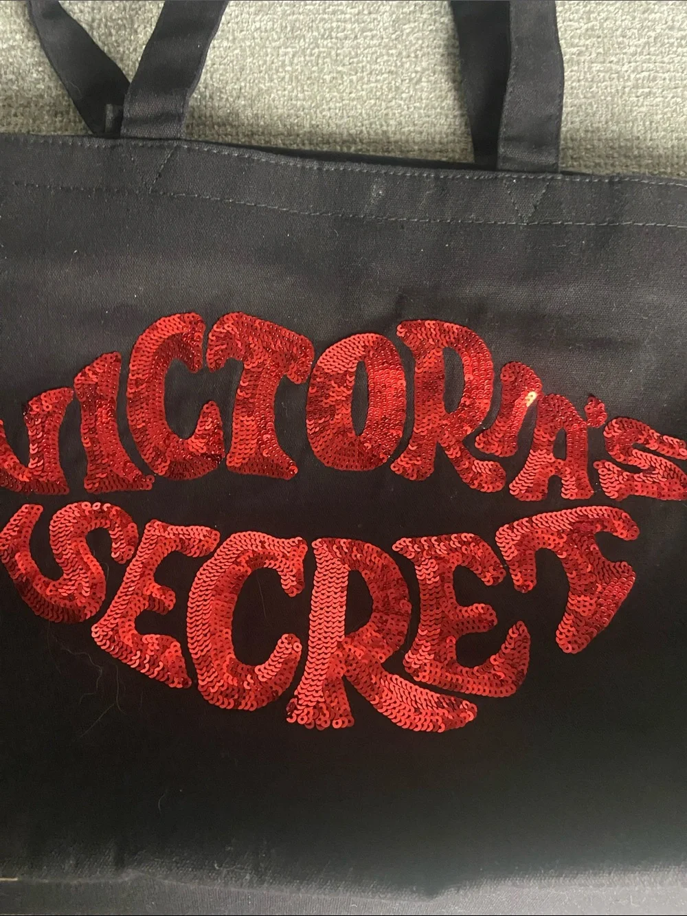 Victoria's Secret Black Tote with Red Sequin Logo and Stripes